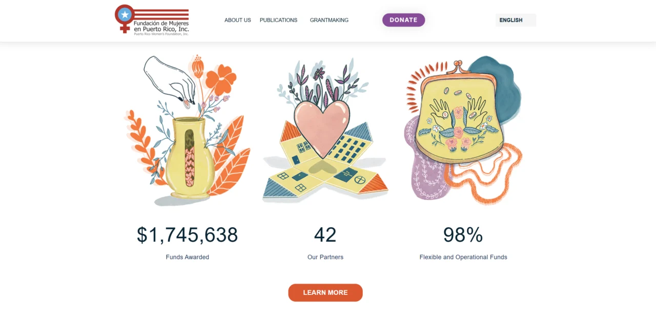 Fundación de Mujeres en Puerto Rico website showing funds awarded and partners