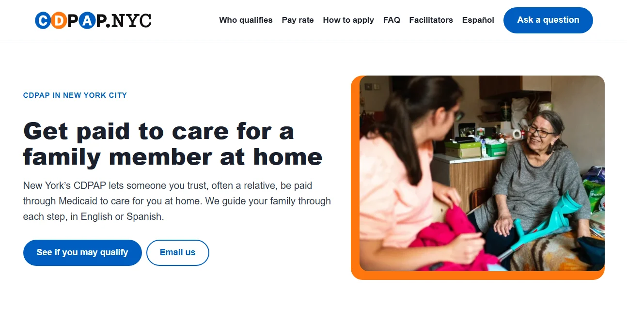CDPAP NYC homepage: a bilingual guide to getting paid to care for a family member at home